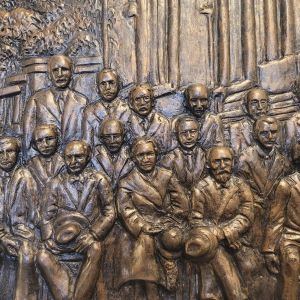 Bonded Marble Hand Sculpted Plaque of "The 1927 Solvay Conference – A Defining Moment in Science", a Statues.com Exclusive