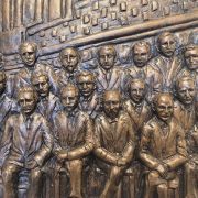 Bonded Marble Hand Sculpted Plaque of "The 1927 Solvay Conference – A Defining Moment in Science", a Statues.com Exclusive