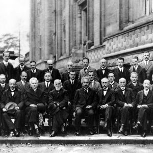 Bonded Marble Hand Sculpted Plaque of "The 1927 Solvay Conference – A Defining Moment in Science", a Statues.com Exclusive