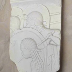 Bonded Marble Wall Relief Fragment replica showing ancient greek warriors in battle, museum replica statue