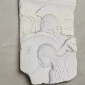 Bonded Marble Wall Relief Fragment replica showing ancient greek warriors in battle, museum replica statue