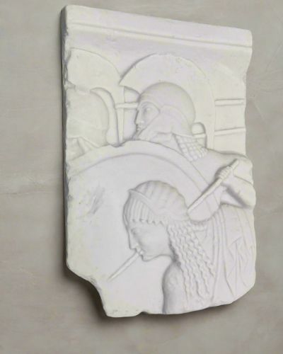 Bonded Marble Wall Relief Fragment replica showing ancient greek warriors in battle, museum replica statue