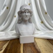 White marble bust on a wooden pedestal against a white wall
