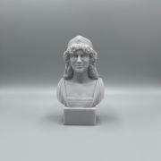 Gray stone bust on a white surface with a wooden shelf in the background