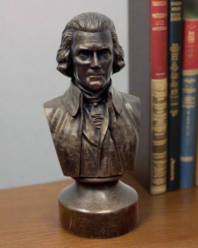 Bonded Marble bust of Thomas Jefferson gift sized model perfect for any shelf or desk, shown here in bronze tone finish